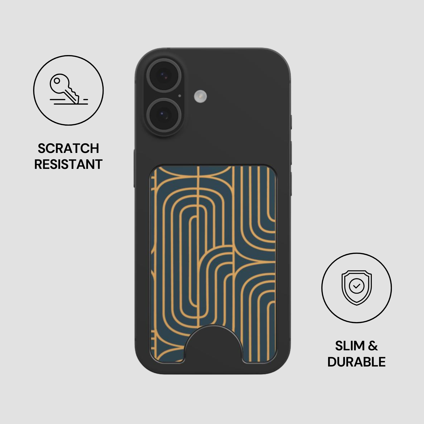 Phone case with geometric design on a gray background, featuring scratch-resistant and slim durable icons.
