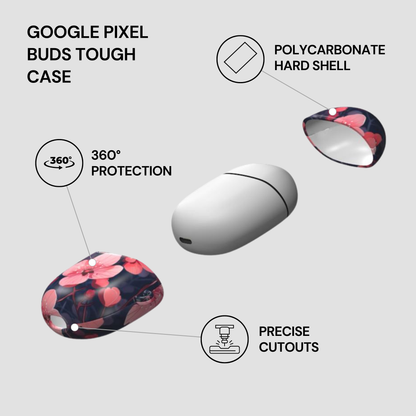 Google Pixel Buds Tough Case with features highlighted on a white background