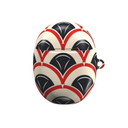 Round pouch with red, black, and white pattern on a white background