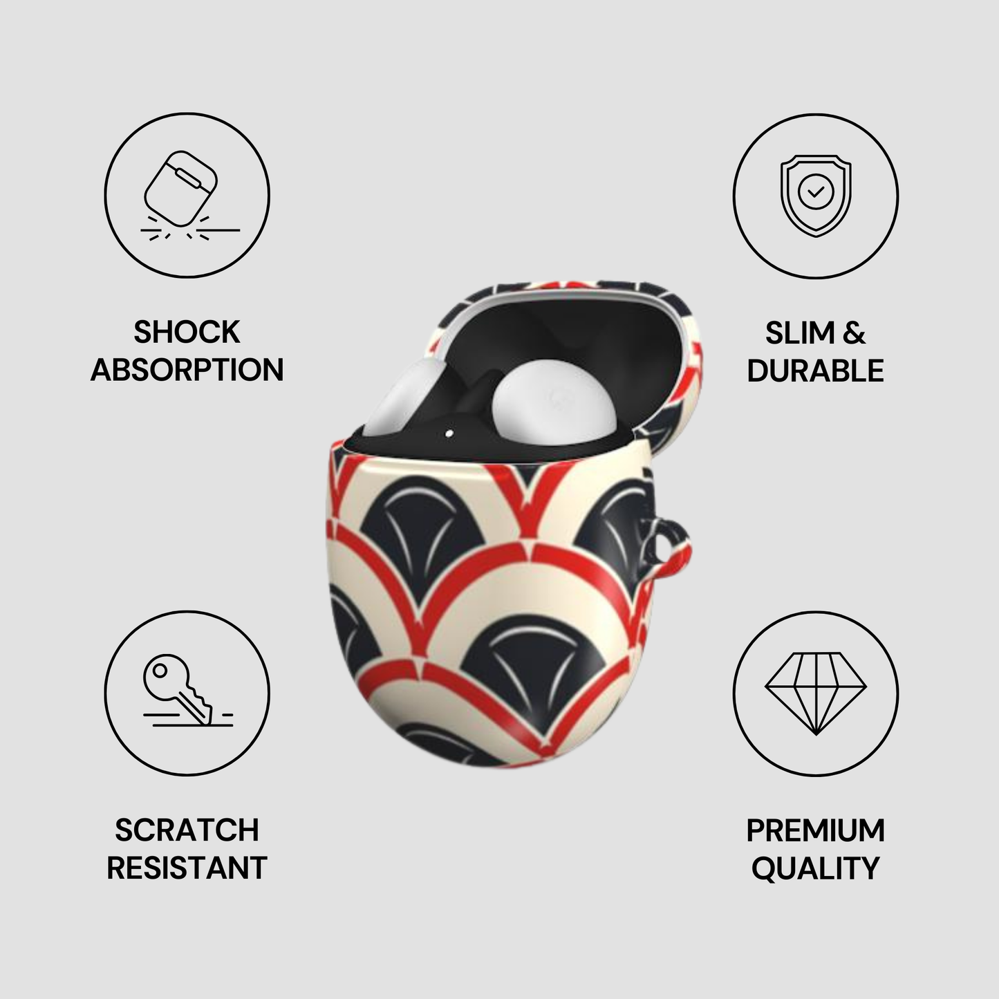 Patterned case with icons and text highlighting features on a gray background