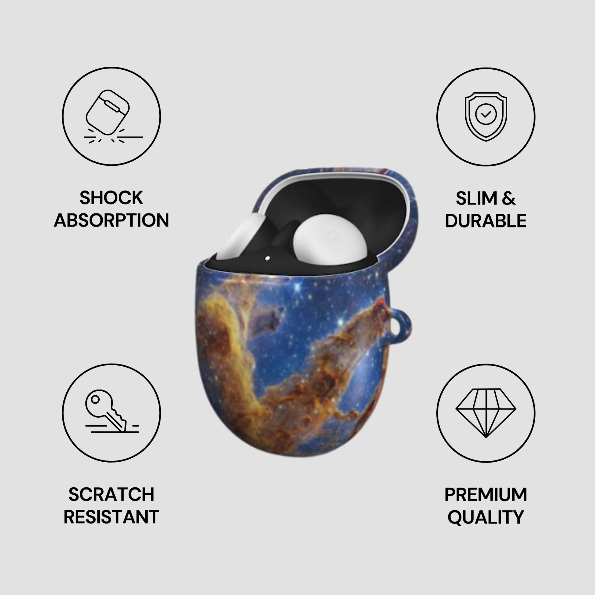 Space-themed case with product and feature icons on a light gray background