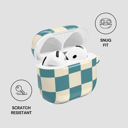 Checkered case with wireless earbuds, featuring 'Snug Fit' and 'Scratch Resistant' icons on a light gray background.