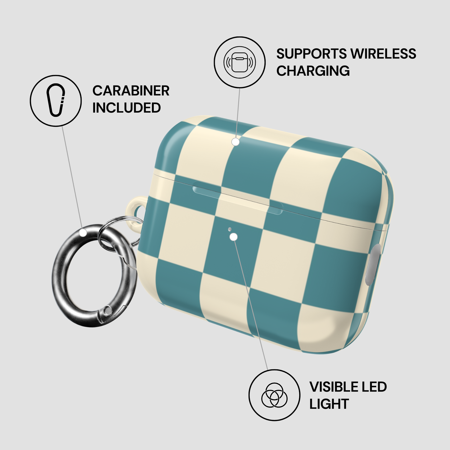 Checkered case with carabiner, wireless charging support, and visible LED light on a gray background