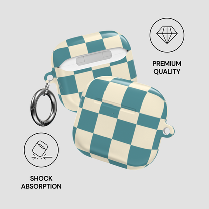 Checkered patterned case with keychain on a light gray background