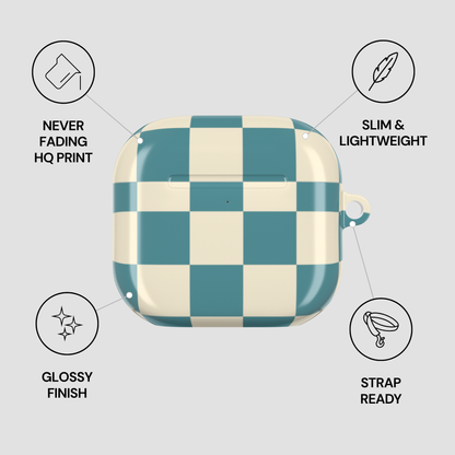 Checkered case with features listed on a gray background