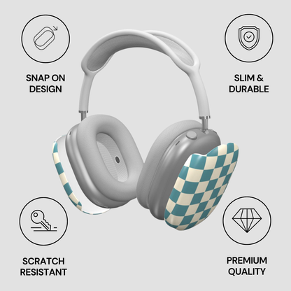 Gray headphones with checkered design on a light gray background, featuring icons and text about product features.