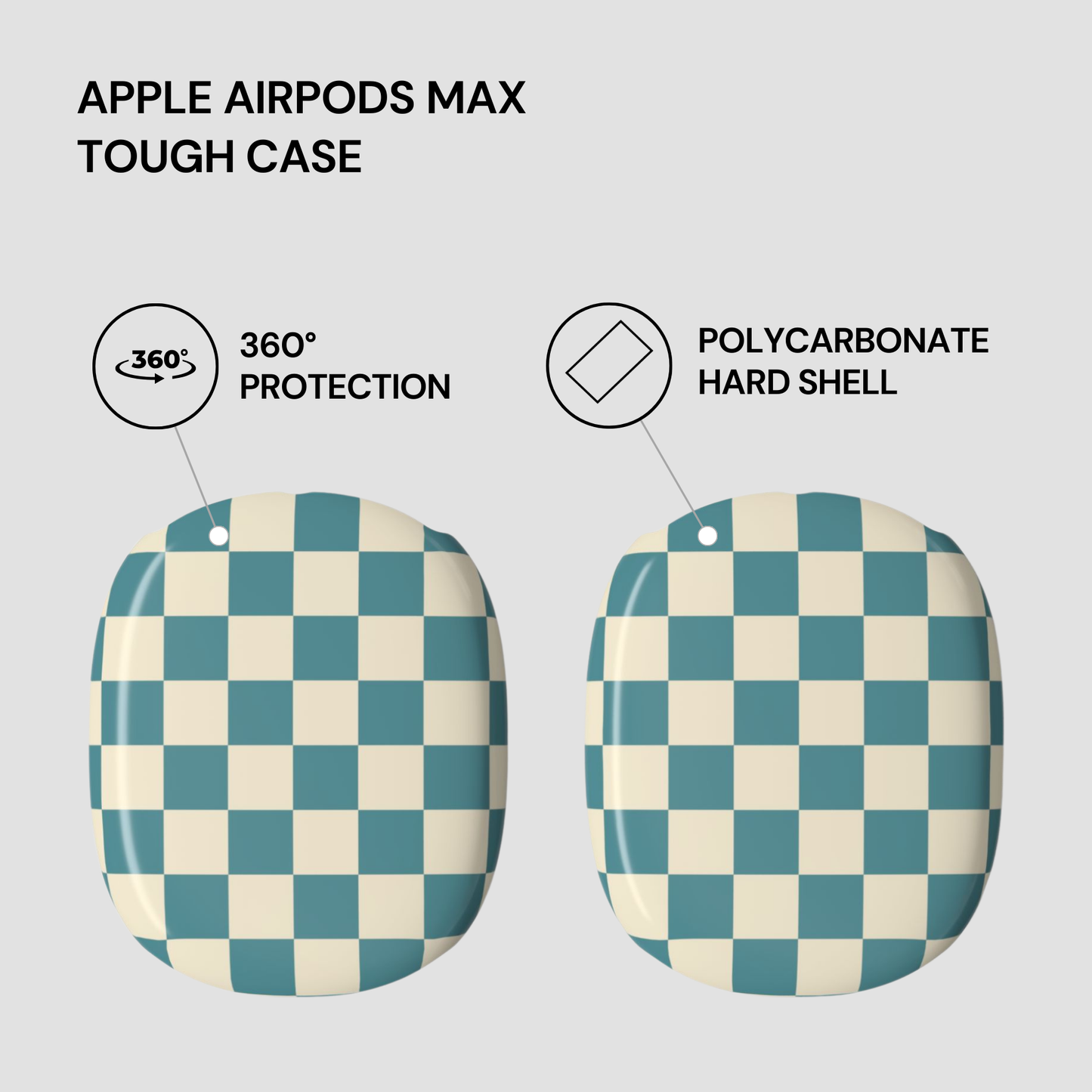 Checkered tough case for Apple AirPods Max with text highlighting features on a light gray background