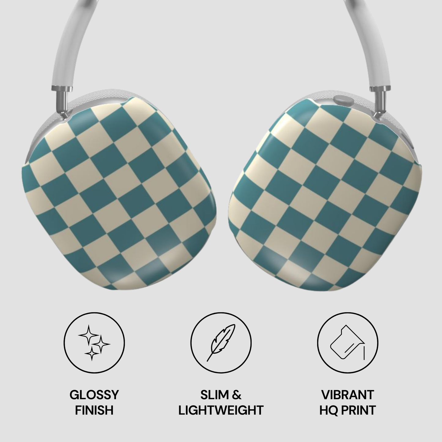 Checkered headphones with glossy finish, slim design, and vibrant print on a light gray background.