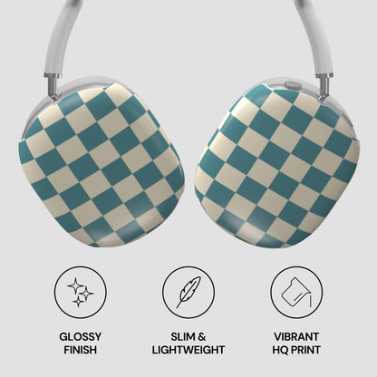Checkered headphones with glossy finish, slim design, and vibrant print on a light gray background.