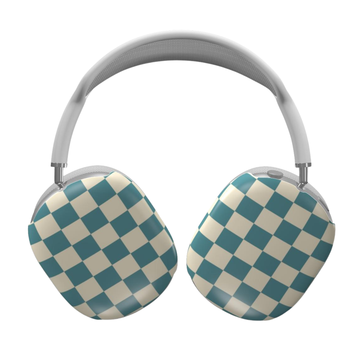 Checkered headphones with teal and beige pattern on a white background