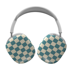 Checkered headphones with teal and beige pattern on a white background