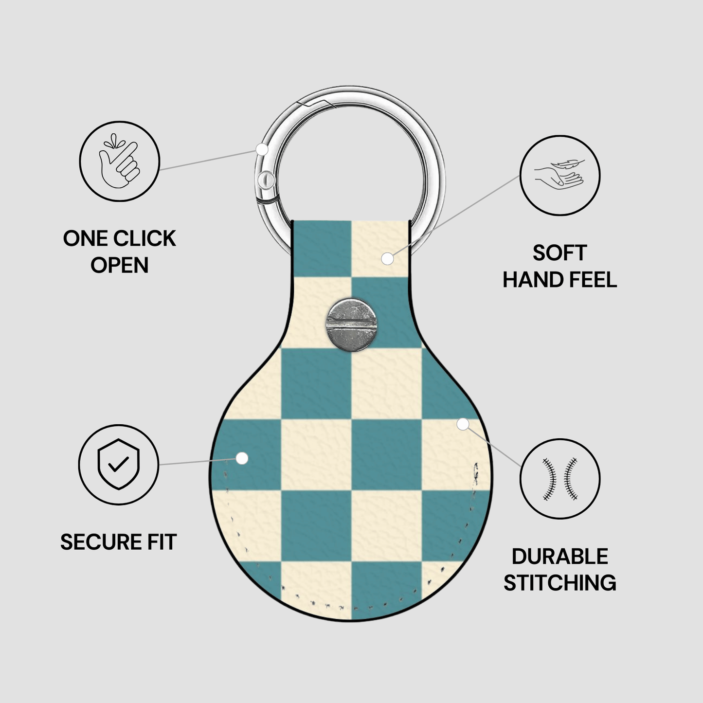 Checkered keychain with features labeled on a gray background