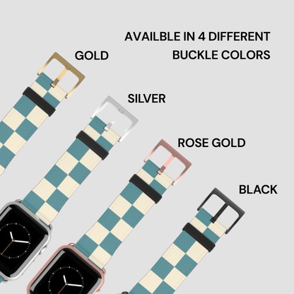 Checkered watch band with buckles in gold, silver, rose gold, and black on a light gray background.