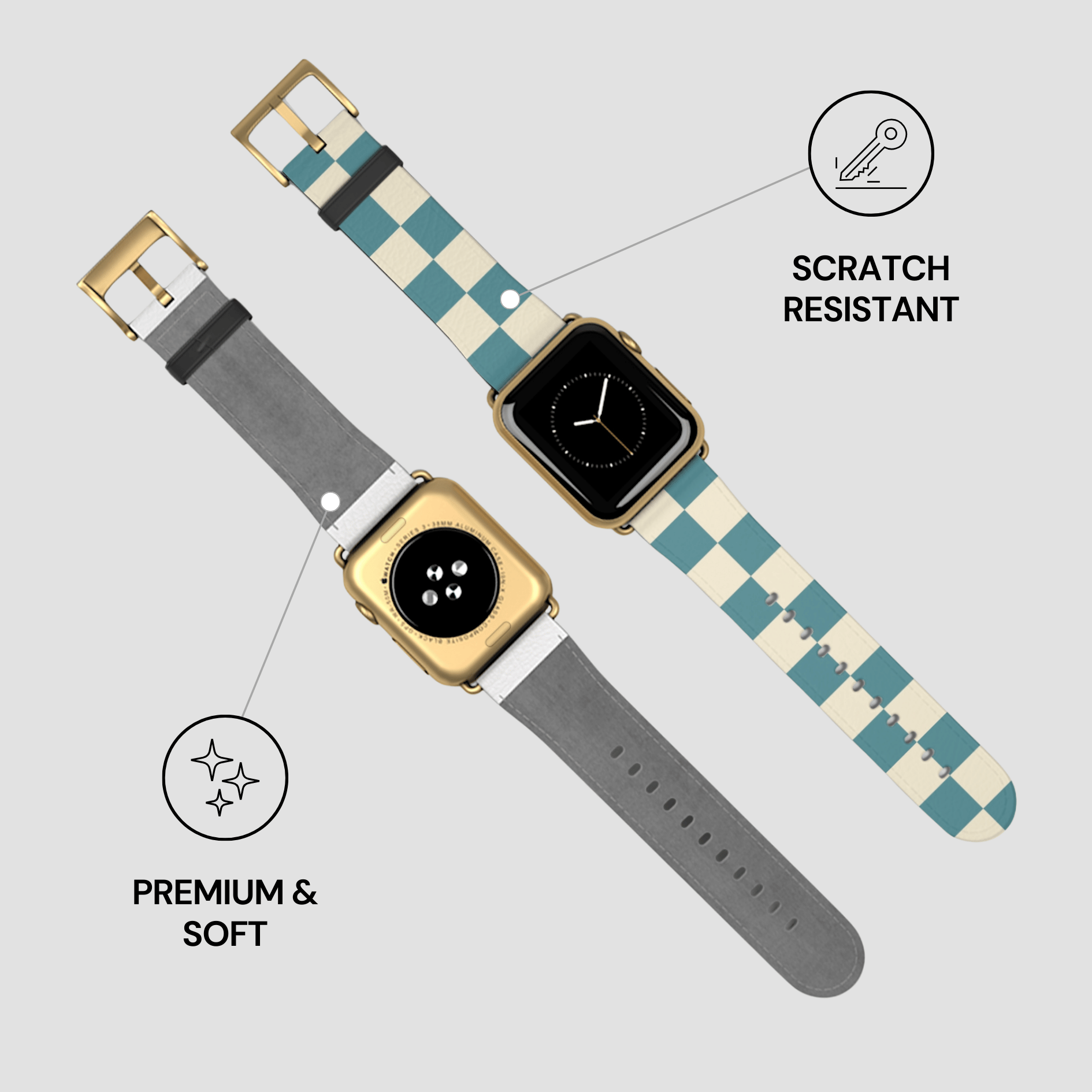 Three smartwatches with different band designs on a light gray background