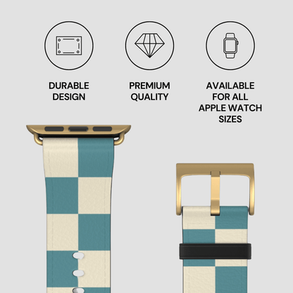 Checkered Apple Watch band with gold buckle on a light gray background, featuring durability, quality, and size availability text.