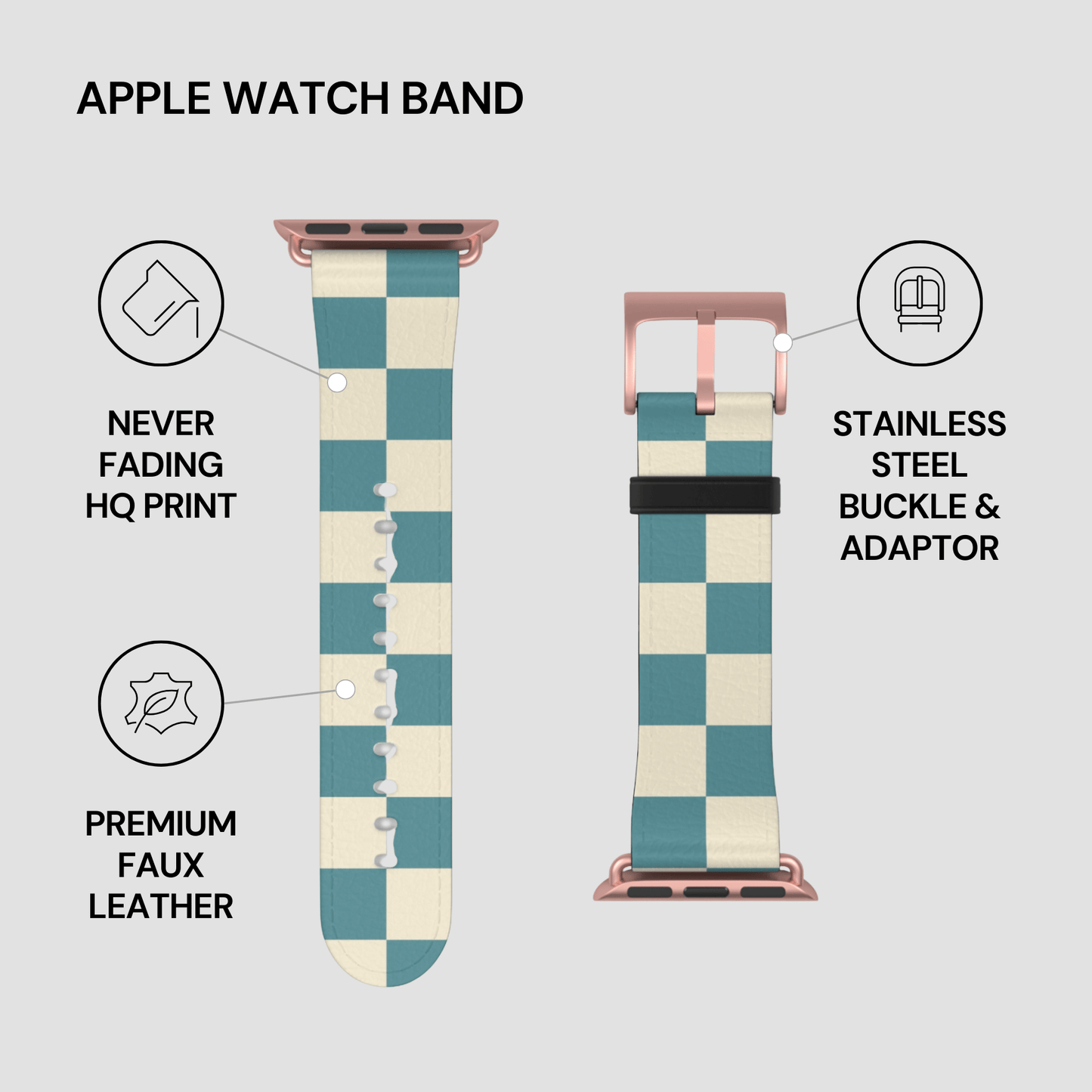 Checkered Apple Watch band with features highlighted on a light gray background