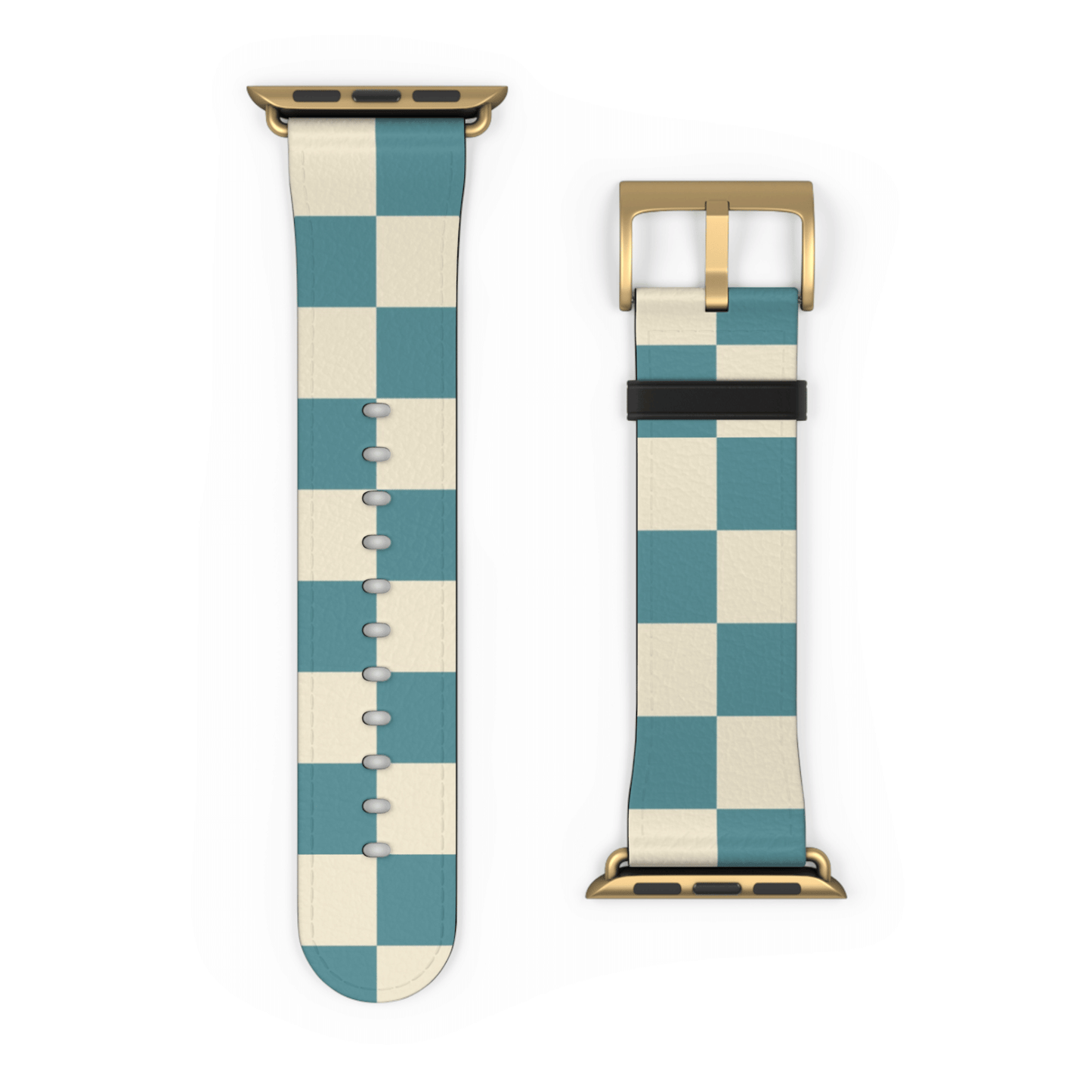Checkered watch band with gold clasp on a white background