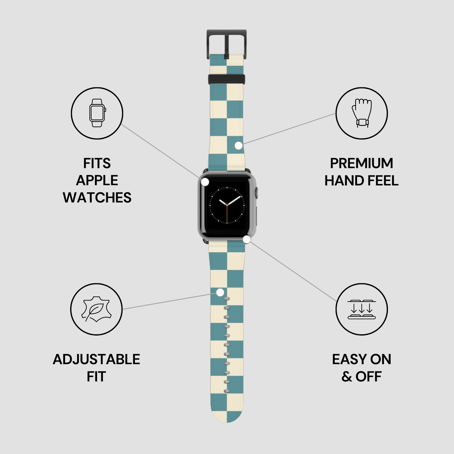 Checkered watch band with Apple Watch compatibility features on a light gray background