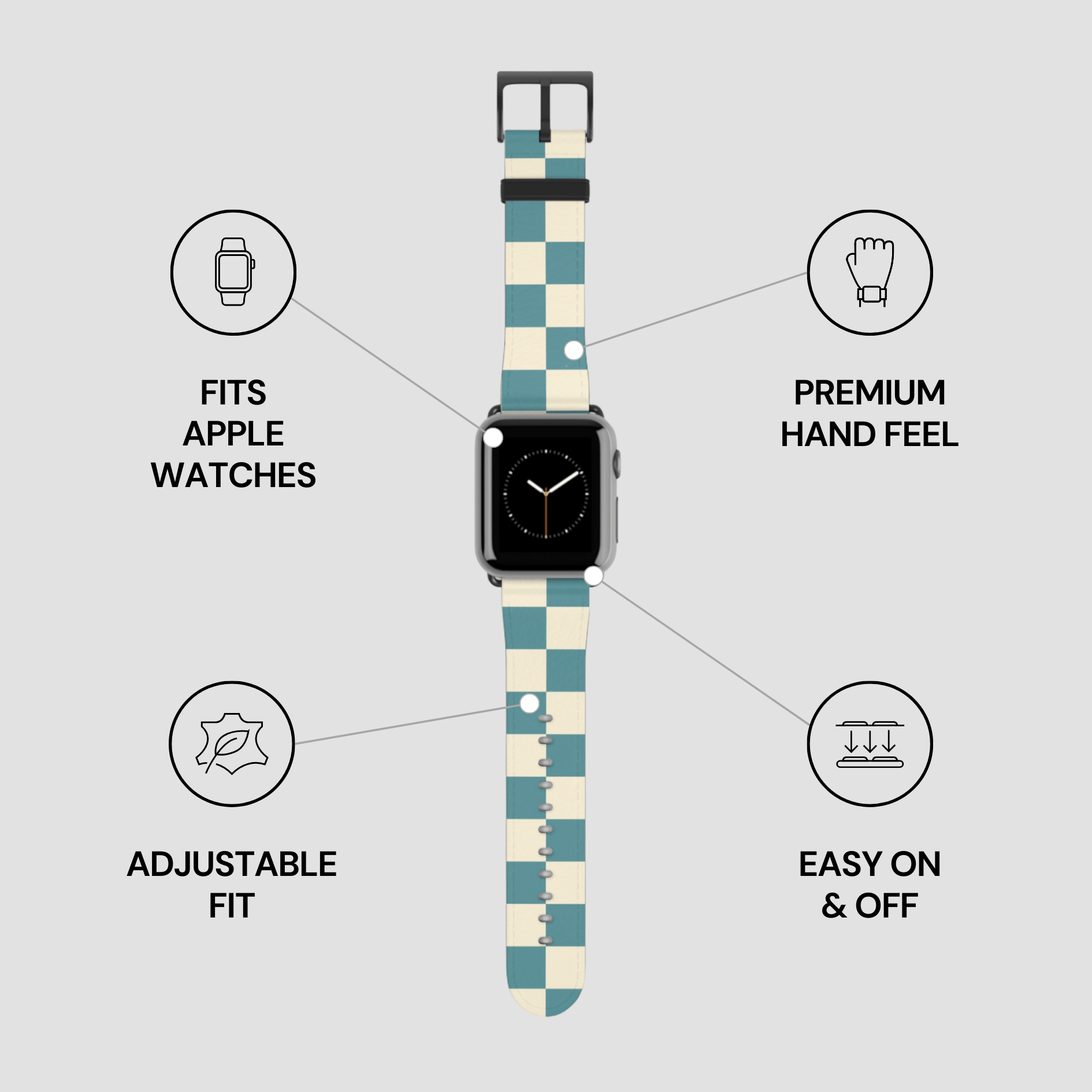 Checkered watch band with Apple Watch compatibility features on a light gray background