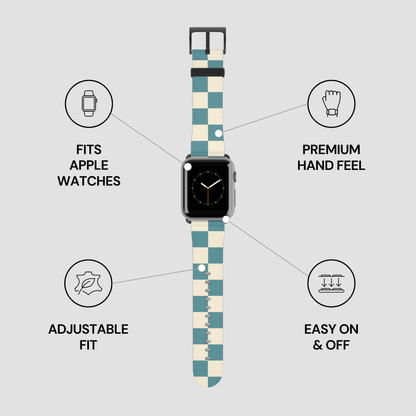 Checkered watch band with Apple Watch compatibility features on a light gray background