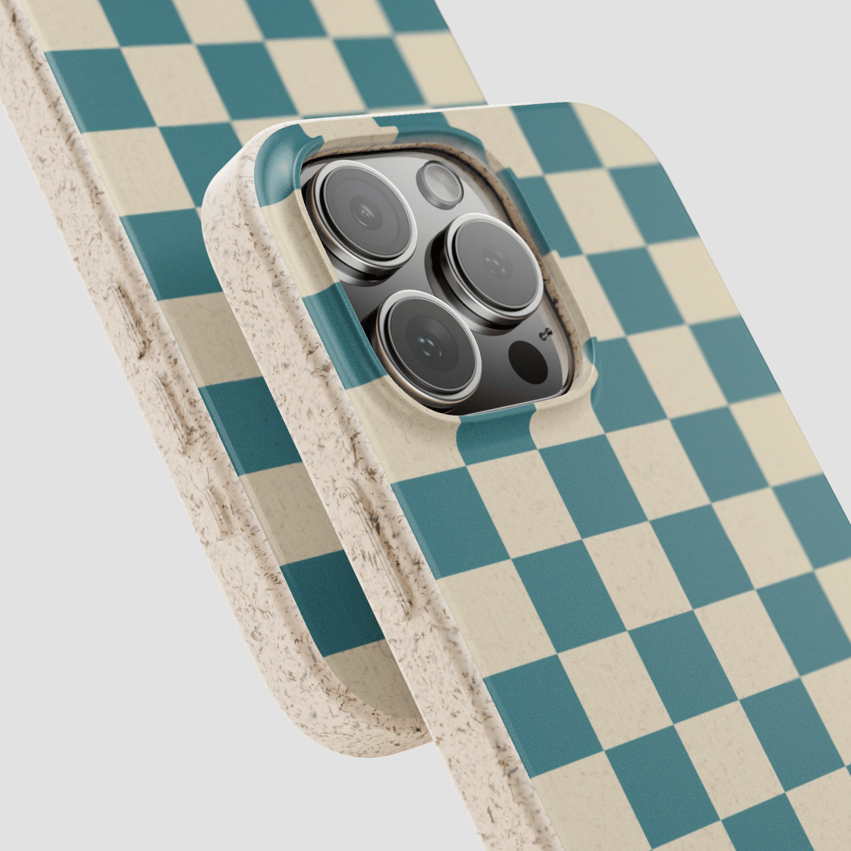 Phone case with a checkered pattern on a light gray background