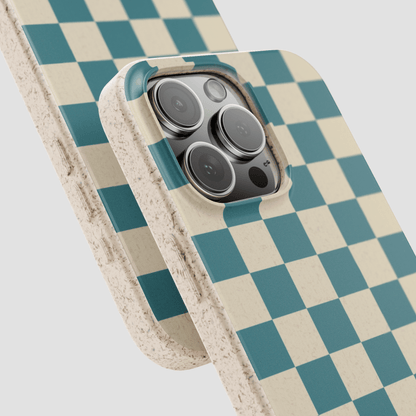 Phone case with a checkered pattern on a light gray background