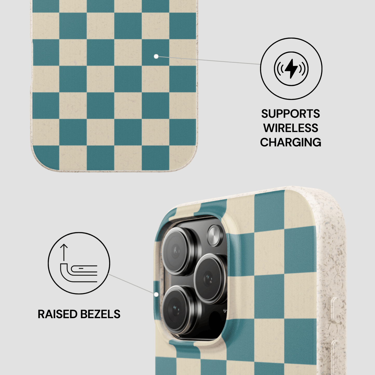 Checkered phone case with wireless charging and raised bezels features on a light gray background