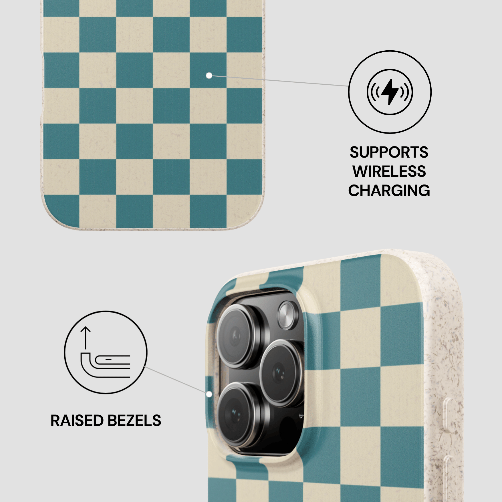 Checkered phone case with wireless charging and raised bezels features on a light gray background