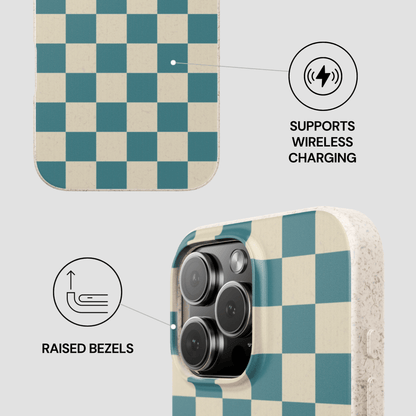 Checkered phone case with wireless charging and raised bezels features on a light gray background