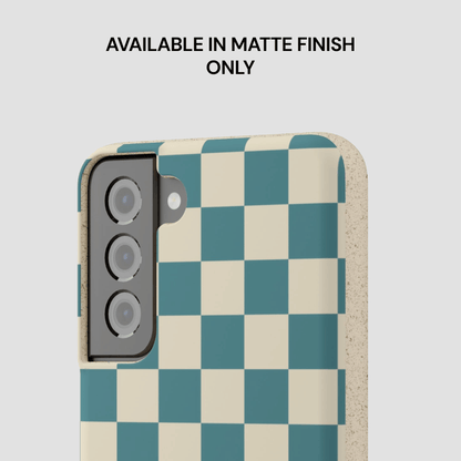 Checkered phone case with matte finish text on a light gray background