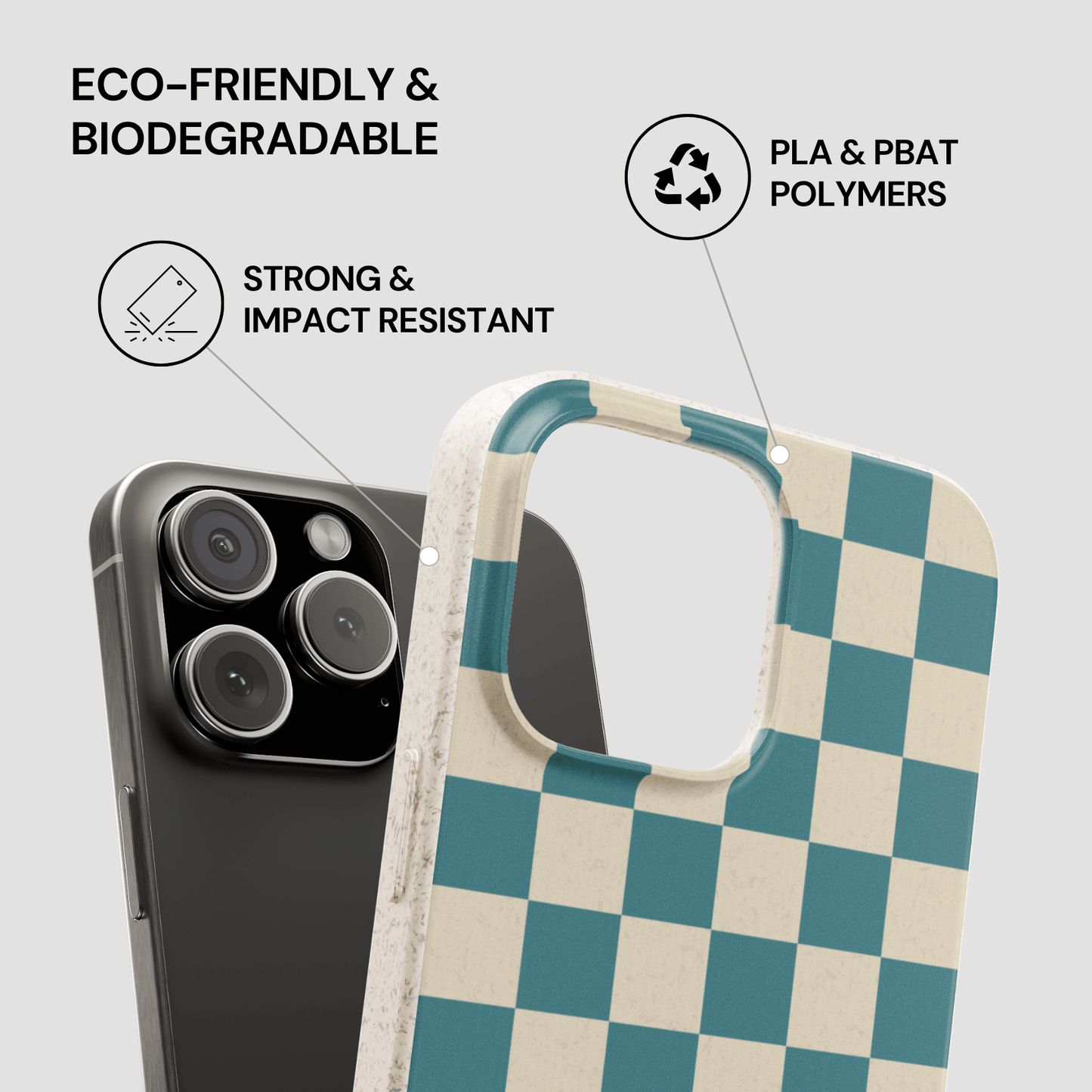 Checkered phone case with eco-friendly and biodegradable features on a gray background
