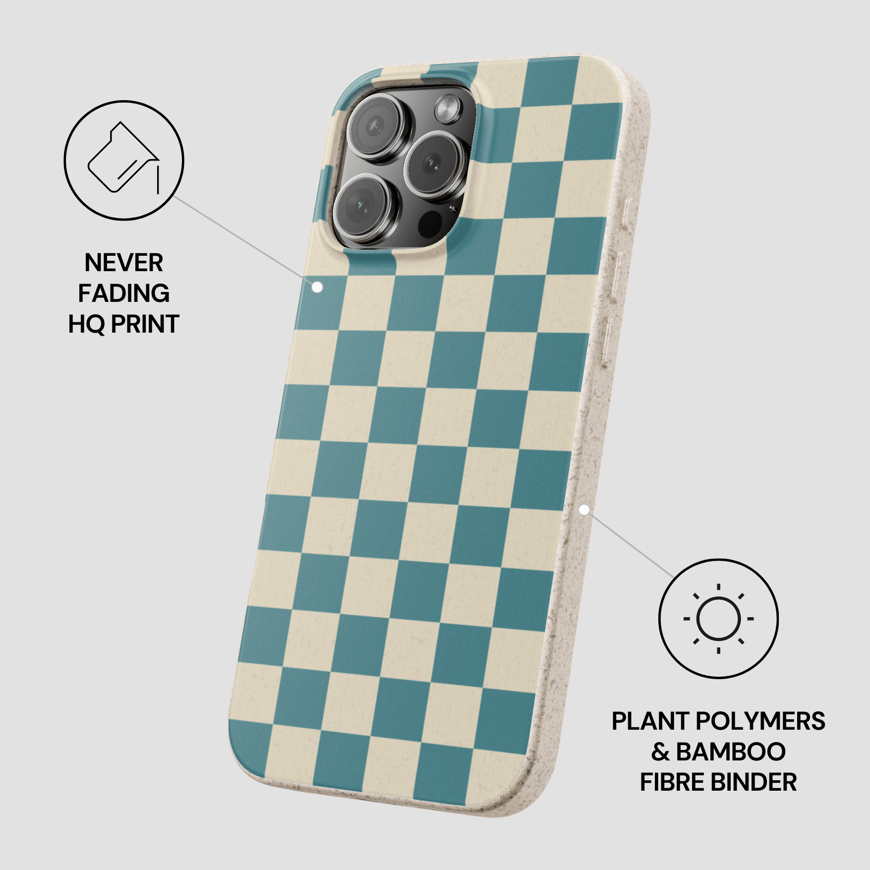 Phone case with blue and beige checkered pattern on a light gray background
