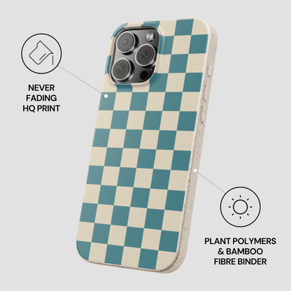 Phone case with blue and beige checkered pattern on a light gray background