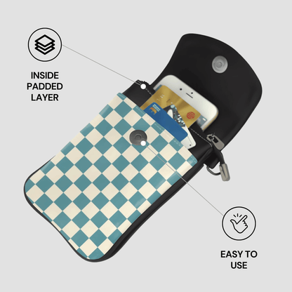 Checkered pouch with phone and cards, labeled 'Inside Padded Layer' and 'Easy to Use'.