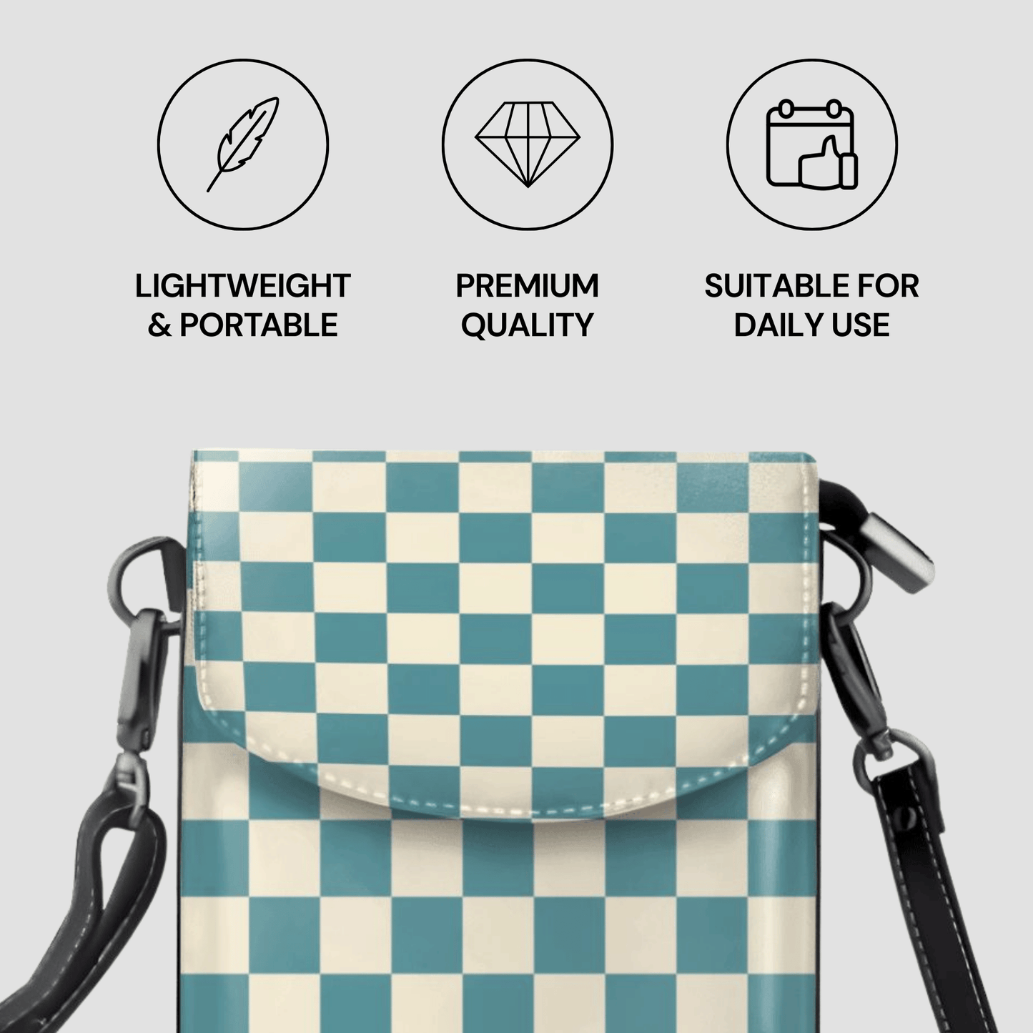 Checkered pouch with shoulder strap on a light gray background, featuring icons and text about product attributes.