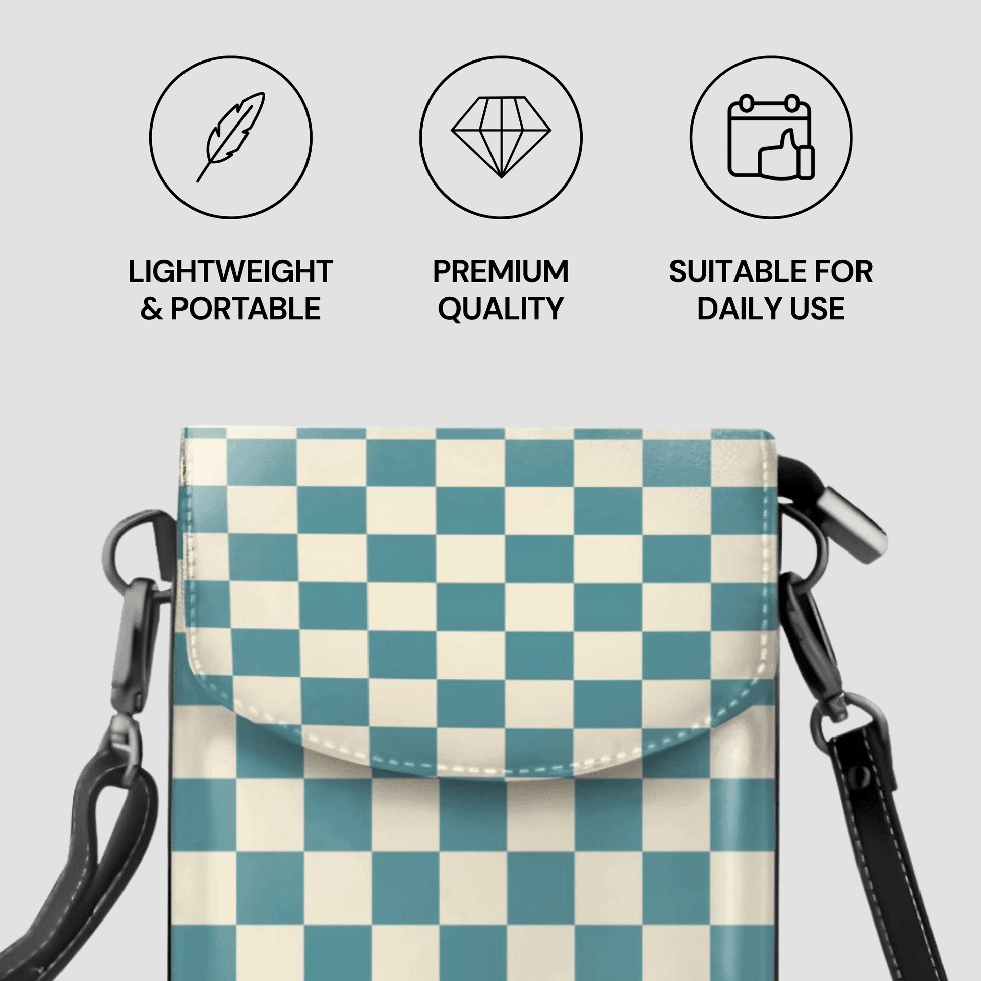 Checkered pouch with shoulder strap on a light gray background, featuring icons and text about product attributes.