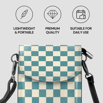 Checkered pouch with shoulder strap on a light gray background, featuring icons and text about product attributes.
