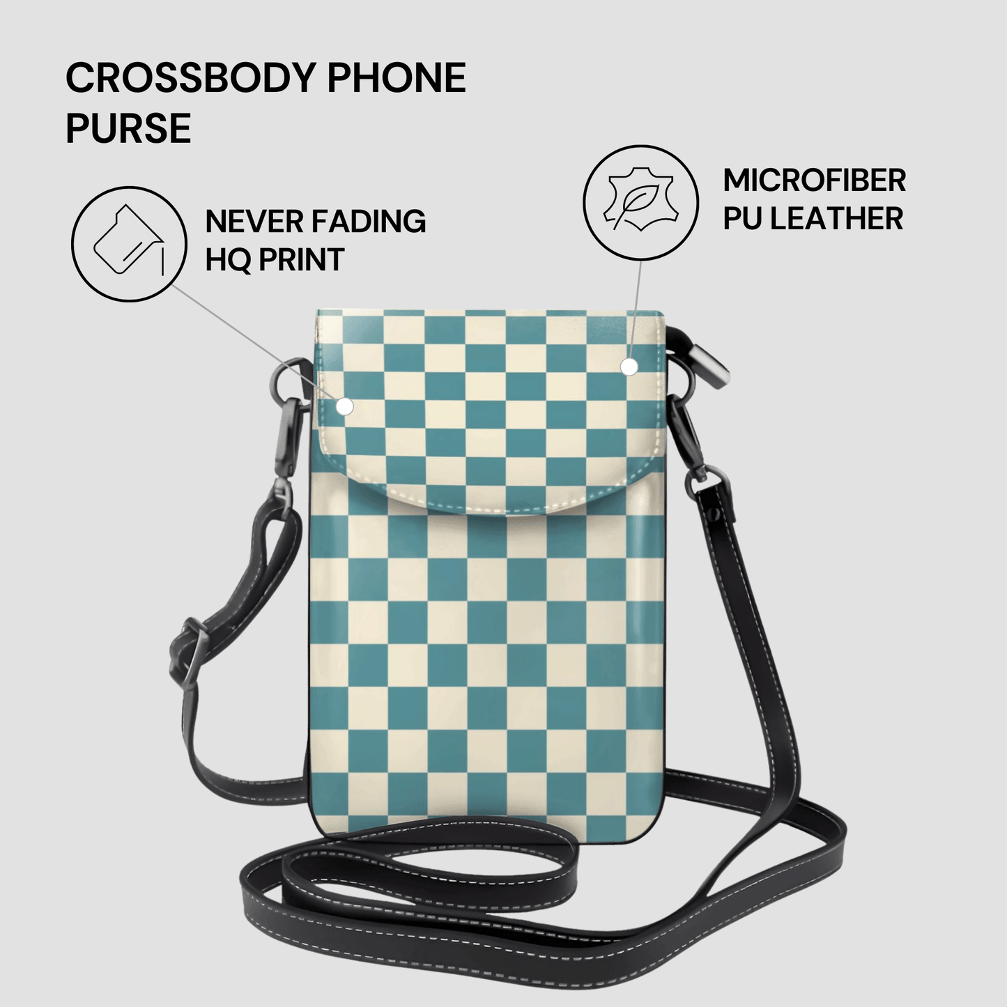 Checkered crossbody phone purse with features listed on a light gray background
