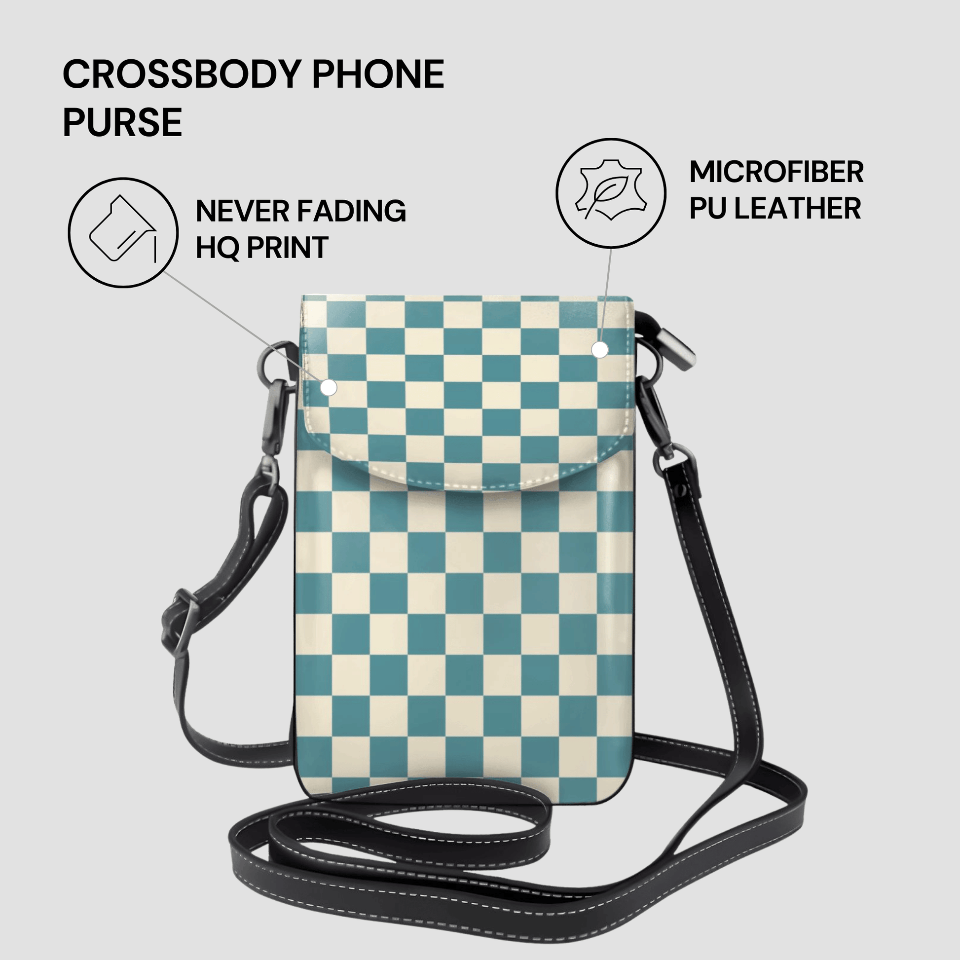 Checkered crossbody phone purse with features listed on a light gray background