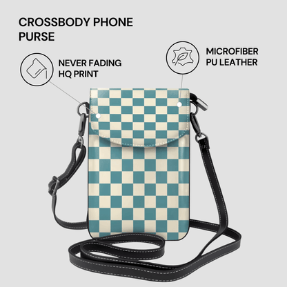 Checkered crossbody phone purse with features listed on a light gray background