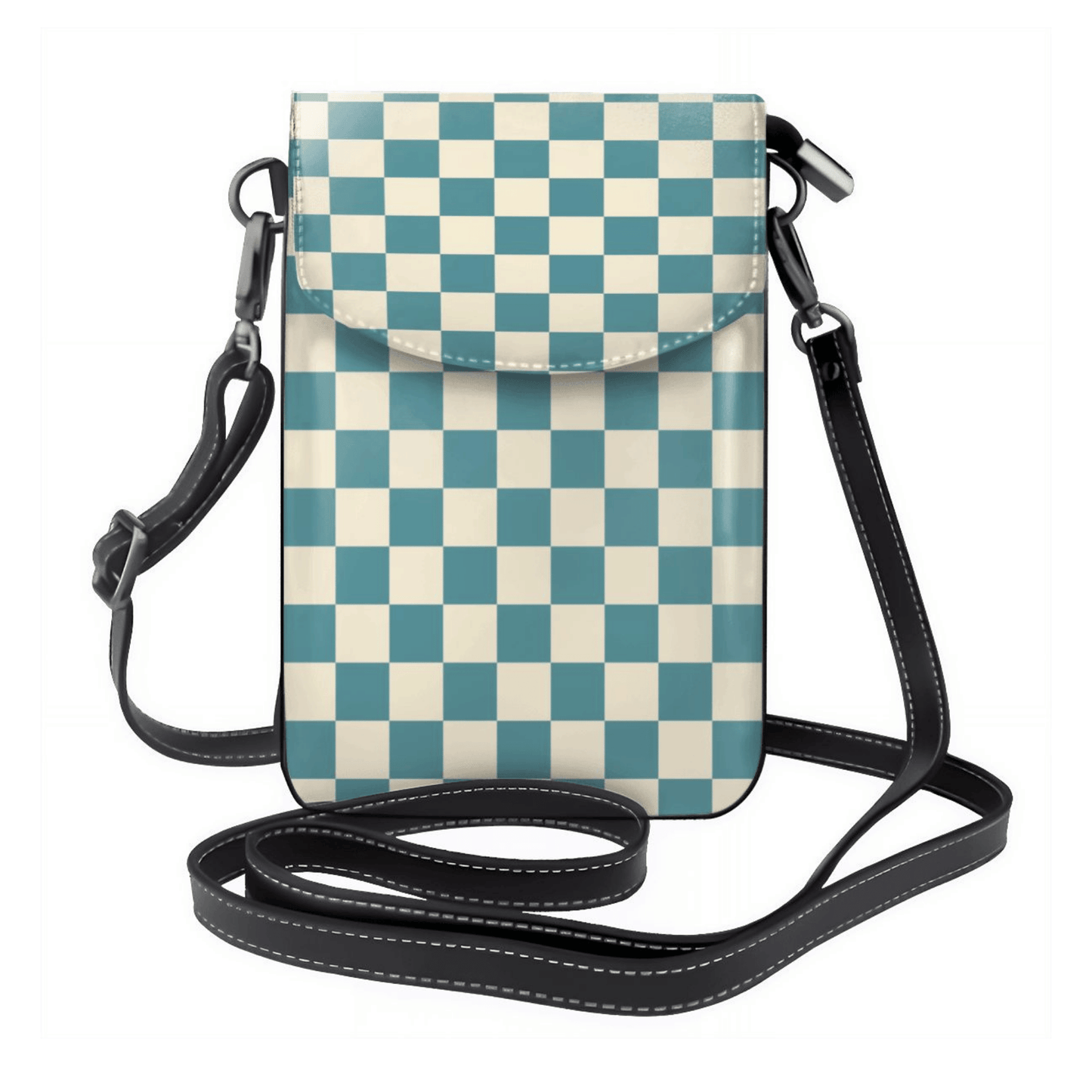Checkered patterned crossbody bag with a strap on a white background