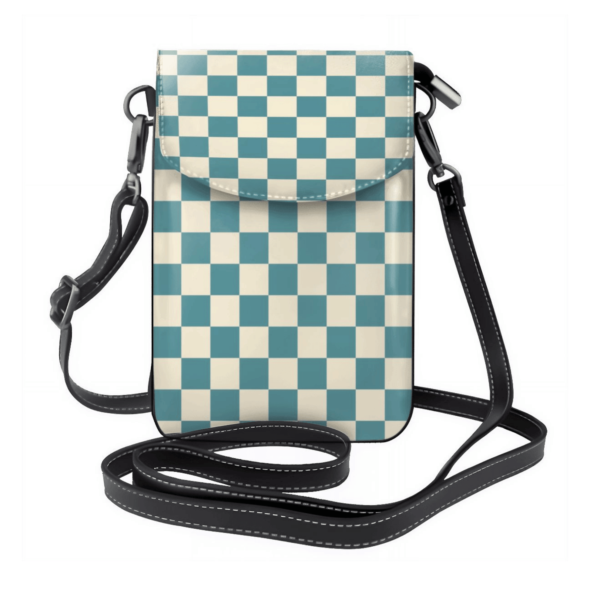 Checkered patterned crossbody bag with a strap on a white background
