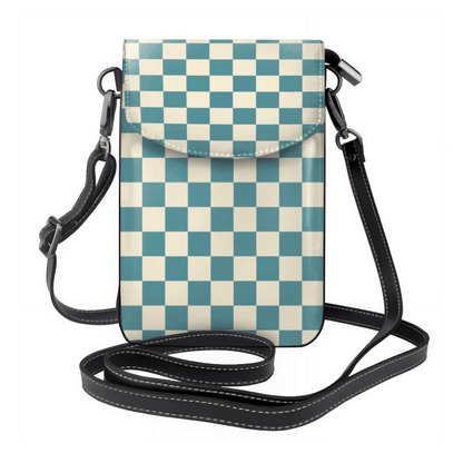 Checkered patterned crossbody bag with a strap on a white background