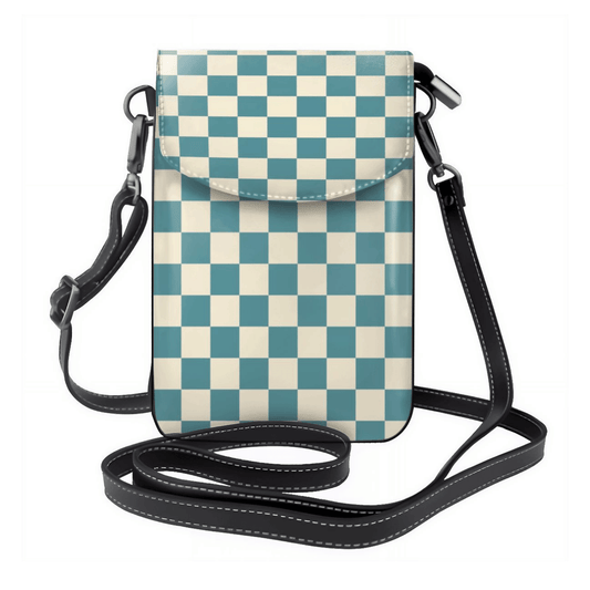 Checkered patterned crossbody bag with a strap on a white background