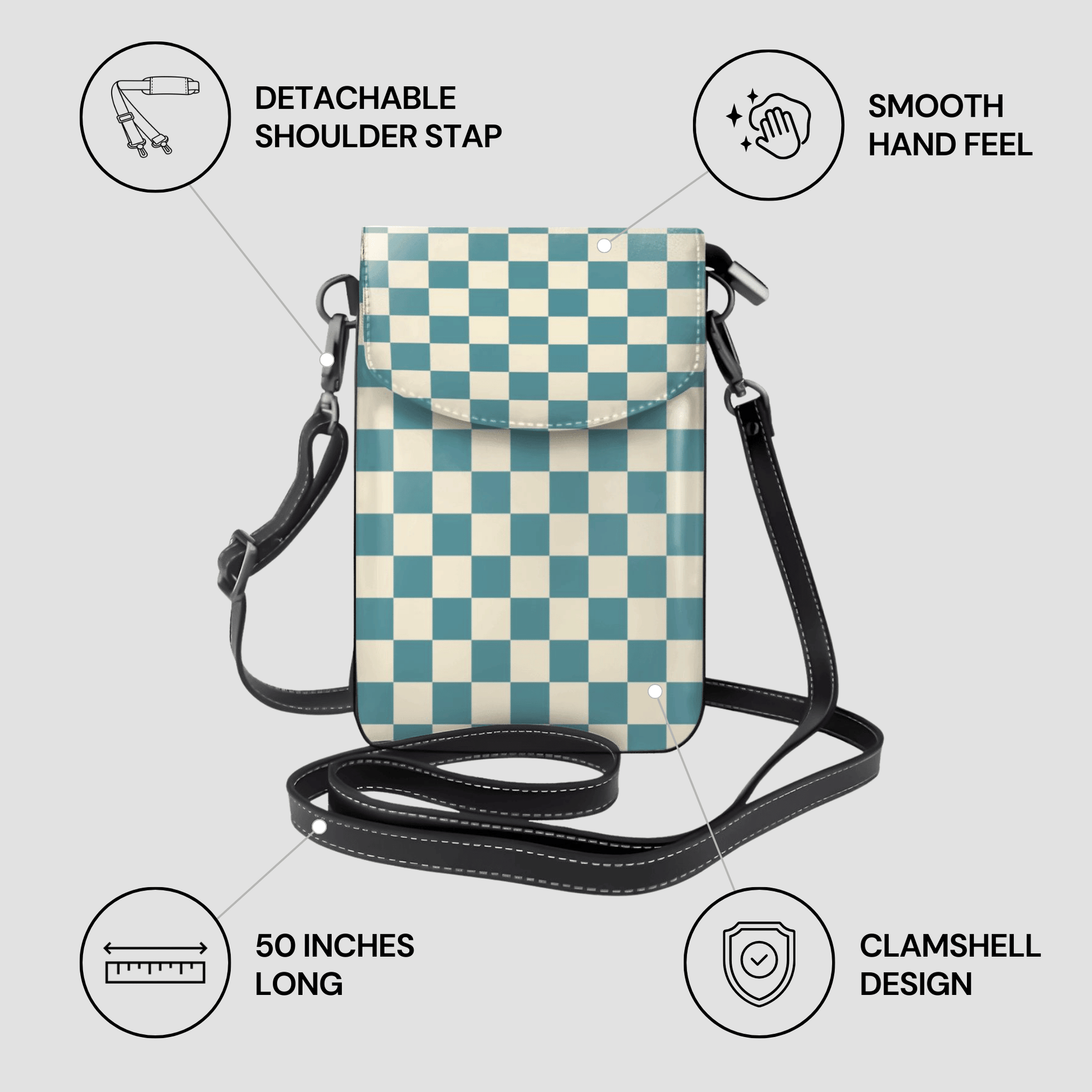 Checkered phone crossbody bag with features listed on a light gray background