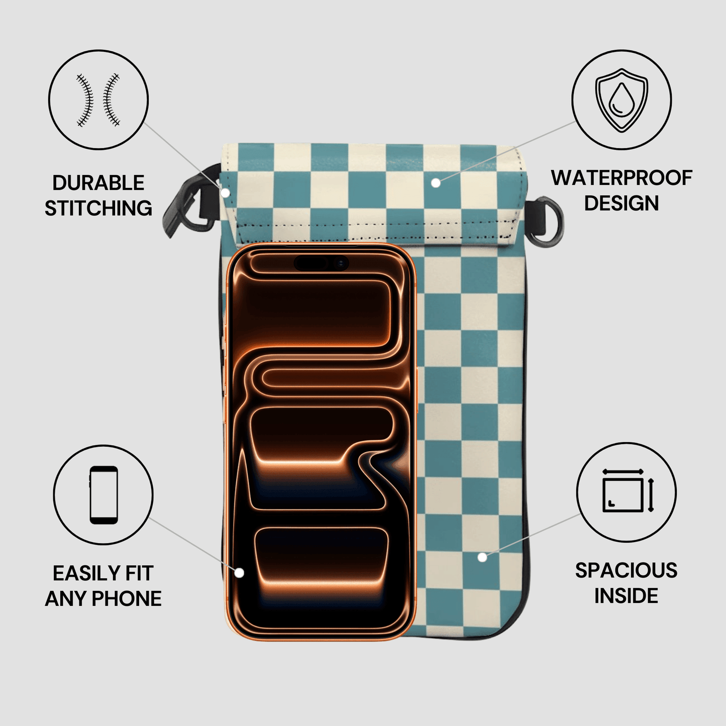 Checkered phone case with features highlighted on a light gray background