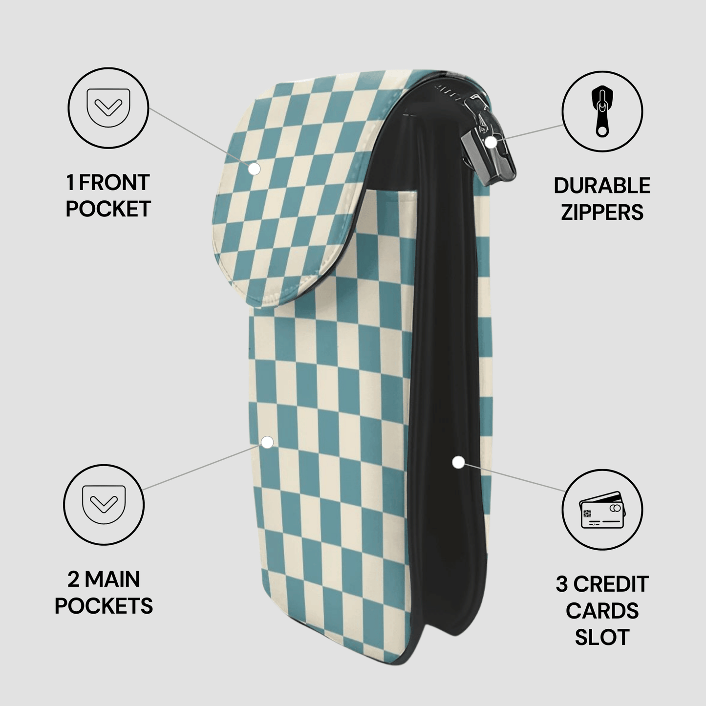 Checkered pouch with zippers and pockets on a light gray background