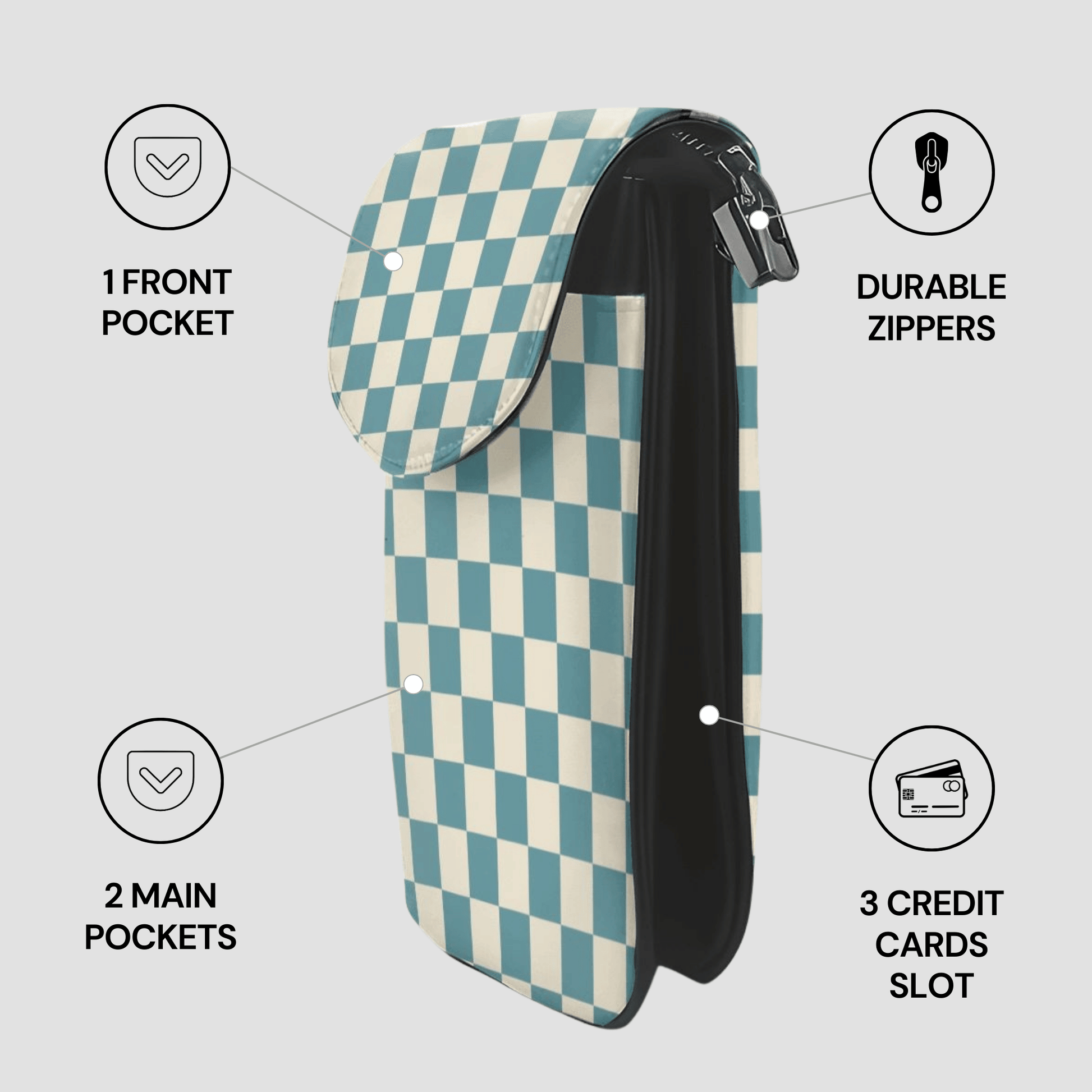 Checkered pouch with zippers and pockets on a light gray background