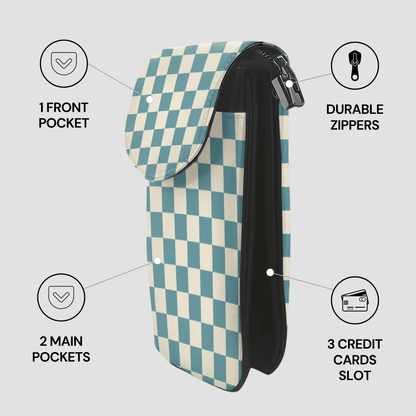 Checkered pouch with zippers and pockets on a light gray background