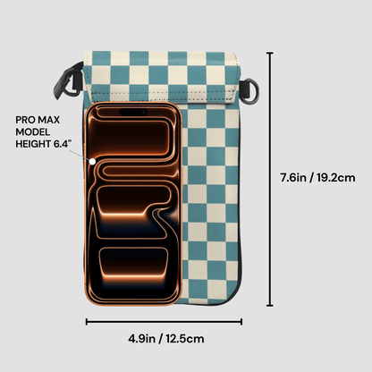Phone case with checkered pattern and dimensions labeled on a gray background